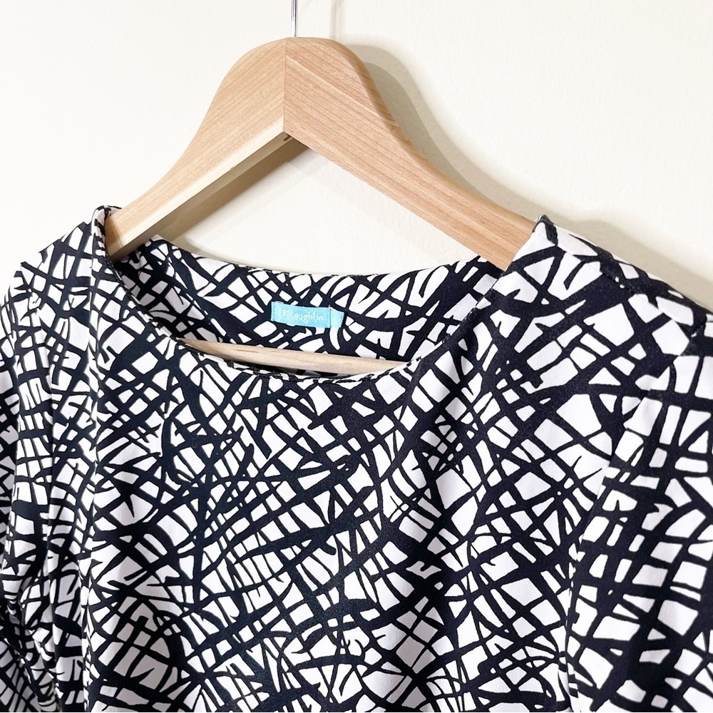 J. McLaughlin Black White Marble Print 3/4 Sleeves Ruched Sage Dress Small - Picture 4 of 9